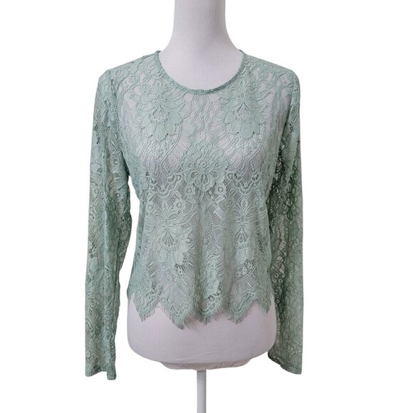 Forever 21 Size M Mint Green Lace Long Sleeve Crop Blouse - Picture 1 of 11